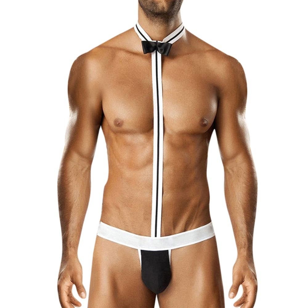 Sexy Black Tuxedo Bowknot Tie Thong for Men